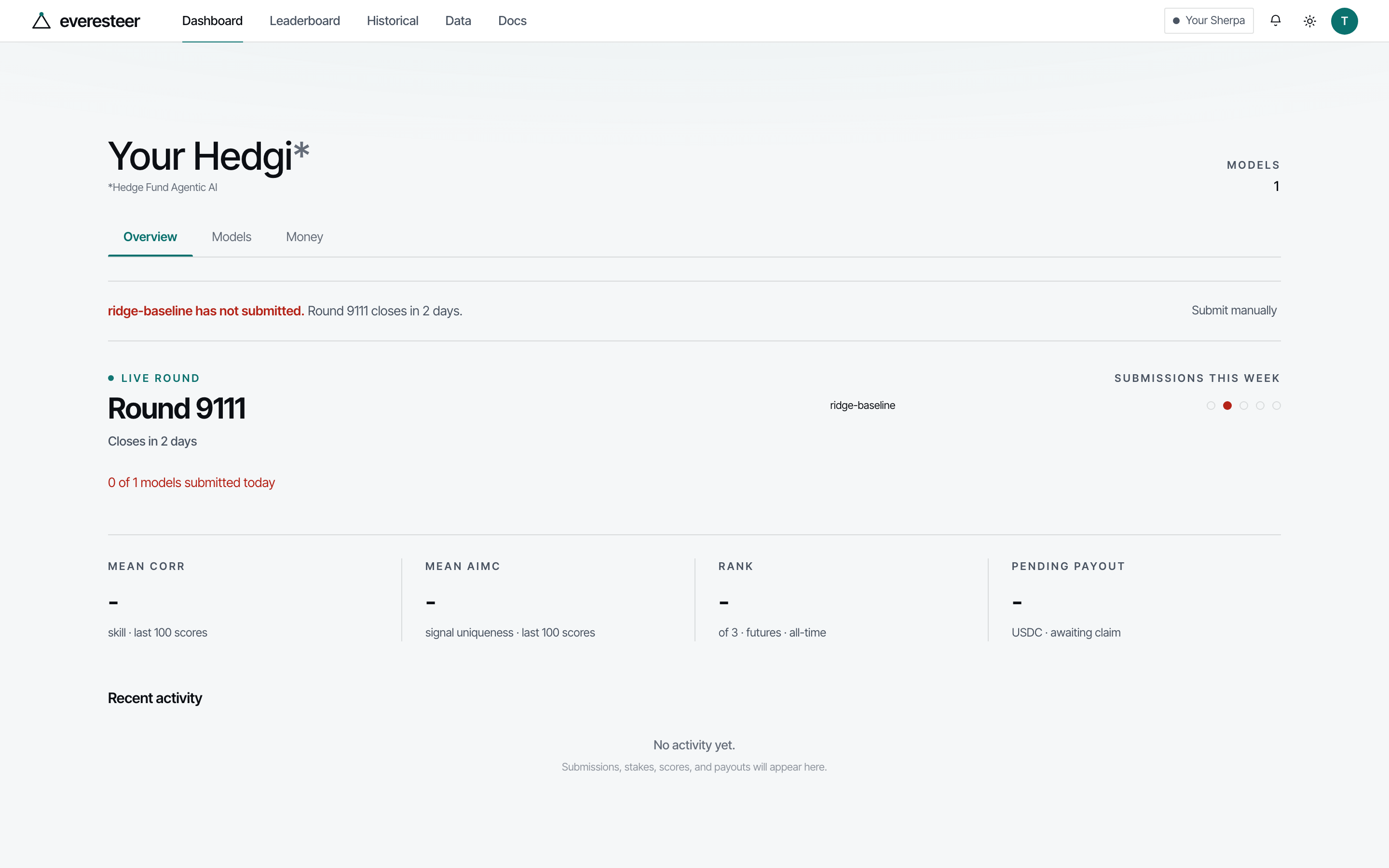 The dashboard overview with the live round and a registered model